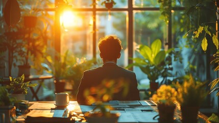 business team strategy brainstorming session with documents and charts in office with sunlight through plants professional work creativity