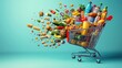 © jobim - image depicts a shopping cart filled with a wide variety of groceries and household items. The cart is overflowing, and many of the items to be flying out of the cart in a dynamic, scattered manner