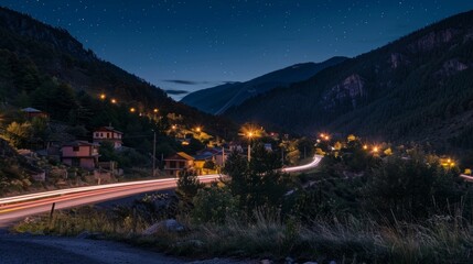 In a remote mountain village the light trails of passing cars offer a sense of connection to the outside world while maintaining the villages peaceful atmosphere.