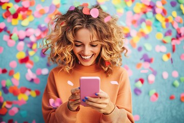 Joyful woman celebrating with colorful confetti and bright decorations while looking at her phone