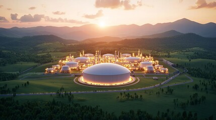 Aerial view of a futuristic refinery complex surrounded by clean landscapes