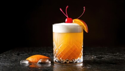 amaretto sour drink on black background