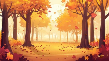 Poster - Amidst towering trees, golden leaves cascade gently in the autumn breeze, creating a tranquil and warm atmosphere in the forest. Generative AI