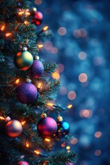 Christmas Tree with Colorful Ornaments on Blue Blurred Background