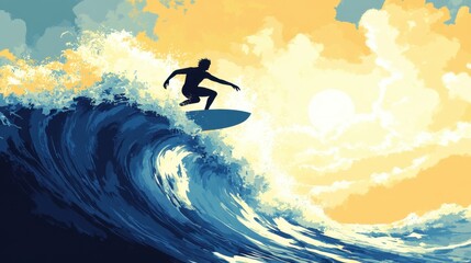 Silhouette of a surfer catching waves, panoramic view of summer sea, bright sun illuminating the water