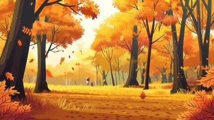 Aufkleber - The forest glows with golden hues as vibrant leaves fall gently, creating a picturesque autumn landscape perfect for a peaceful stroll. Generative AI