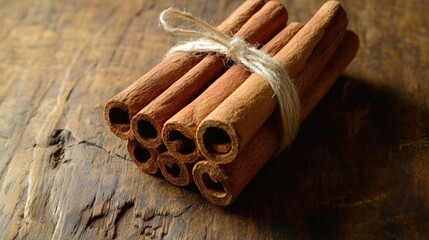 A close-up of cinnamon sticks, tied together with twine, placed on a wooden surface, capturing the rich warmth and comforting aroma