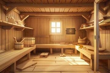 Poster - The cozy interior of a traditional sauna features wooden benches, baskets, and sunlight streaming in through a window. Generative AI