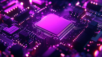 Close-up of a glowing microchip on a circuit board, with a chip in the middle