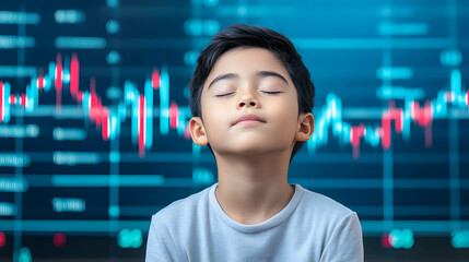 Training the mind and learning about investing from a young age. A kid with their eyes closed, focusing inside their mind, stock market chart background.