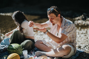 Poster - Two friends relaxing by the riverside, enjoying a sunny day picnic with snacks and fresh watermelon. Perfect outdoor setting for leisure and friendship.