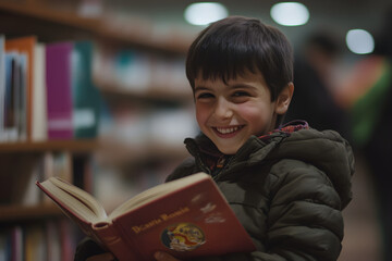 A romani child smiles while reading a colorful book in a cozy city library filled with books and soft lighting