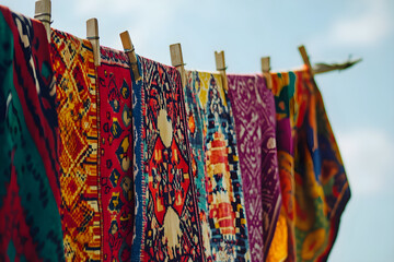 Colorful textiles display intricate Romani patterns, hanging under a clear sky and creating a vibrant tapestry of cultural craftsmanship