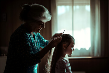 A grandmother lovingly styles her granddaughter's hair in a warm, softly lit room creating a tender moment of connection and care