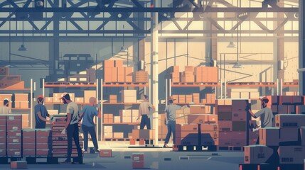Poster - A team of workers transports boxes and pallets within a large warehouse, surrounded by shelves stocked with various goods. Generative AI