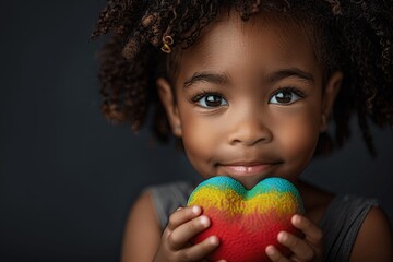 Happy African American girl holding colorful heart-shaped ball, celebrating Black History Month