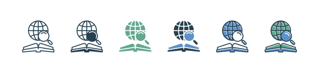 Poster - global research book and globe magnifier icon set study literature education geography discovery learning library signs vector illustration