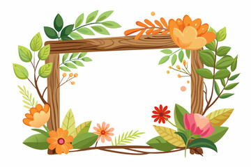 Sticker - Wooden frame with flowers and leaves illustration