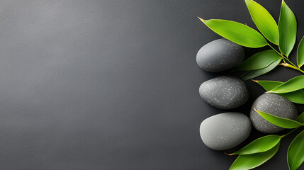 Basalt stones lie peacefully next to vibrant bamboo leaves, creating a calming atmosphere that promotes relaxation