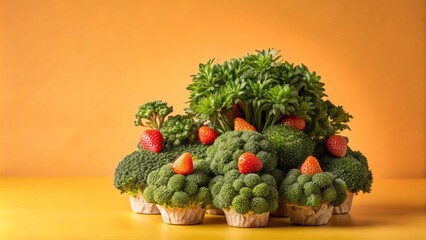 Wall Mural - A creative arrangement of broccoli, strawberries, and cupcake liners against a vibrant orange background.