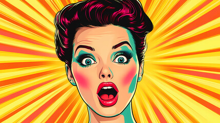 Wall Mural - Wow effect, pop art woman with wow face. retro pop art style surprised and excited comics woman with open mouth, surprised woman on pop art background, generative ai. Pop Art Comic. Illustration
