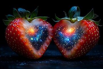 Two strawberry halves reveal galaxies, symbolizing love and universe