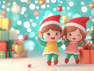 Wall Mural - Joyful Christmas parade with dancing elves, magical lights, and festive music, whimsical atmosphere, 3D cartoon illustration