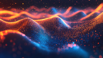 Wall Mural - Vibrant digital wave pattern with glowing particles on a dark background, perfect for tech, digital art, and futuristic design projects. Digital Pixel Art. Illustration