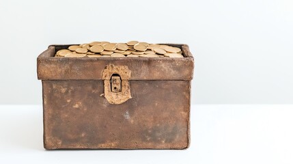 Old treasure chest filled with gold coins, white isolate background.