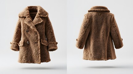 Cozy brown teddy coat on neutral background - front and back view for fashion display