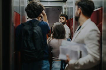 Poster - A group of students stands closely in a narrow school corridor, depicting a bustling and lively atmosphere. The scene captures the essence of daily student life and interactions.