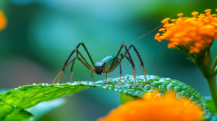 A vibrant green spider with long legs perches on a lush green leaf, its eight eyes staring intently at the viewer, with a cluster of bright orange flowers in the background.