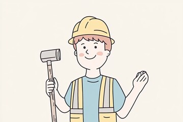 A cheerful construction worker in a hard hat holds a hammer while posing. This illustration highlights safety attire and a positive work environment.