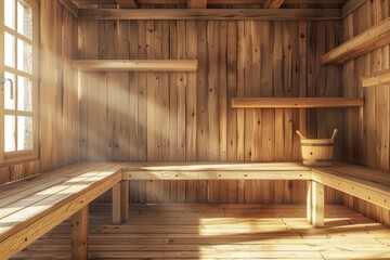 Aufkleber - Warm, wooden walls and benches create a calming atmosphere in this traditional sauna illuminated by gentle rays of sunlight. Generative AI