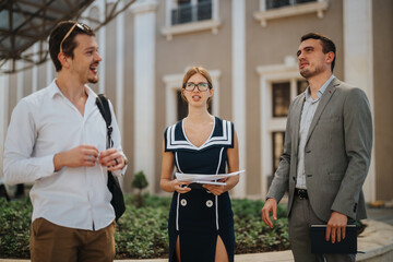 Young professionals discussing work outside an office building on a sunny day. Business meeting concepts, collaboration, and teamwork.