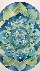 A detailed watercolor mandala in soothing blues and greens, symbolizing harmony and inner peace, ideal for Vastu-inspired spaces.