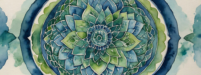 A detailed watercolor mandala in soothing blues and greens, symbolizing harmony and inner peace, ideal for Vastu-inspired spaces.