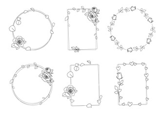Aufkleber - Set of love rectangle and circle frames with line garden rose, leaf, petal, heart. Valentine's day or wedding design elements. Hand drawn sketch. Vector illustration.