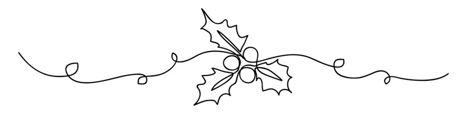 Aufkleber - One line drawing. Abstract decorative horizontal frame element with holly Christmas berry. Beautiful hand drawn holly Christmas berry. New Year border design element. Vector illustration.