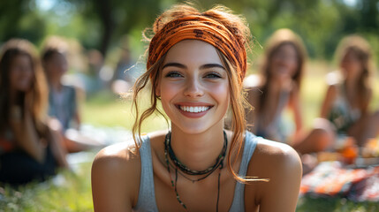 happy teenage girl in a picnic with friends in a park