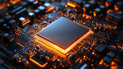 Close-up of a glowing microchip on a circuit board, with a chip in the middle