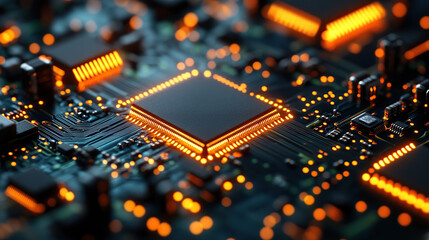 Close-up of a glowing microchip on a circuit board, with a chip in the middle