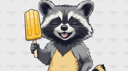 Wall Mural - Cute Cartoon Raccoon Holding Popsicle Summer Treat Animal Illustration