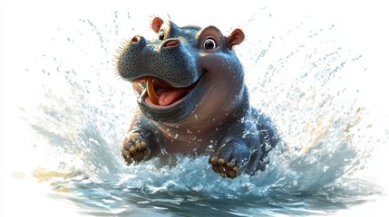 Wall Mural - Cartoon Hippopotamus Splashing in Water Fun Animal Illustration