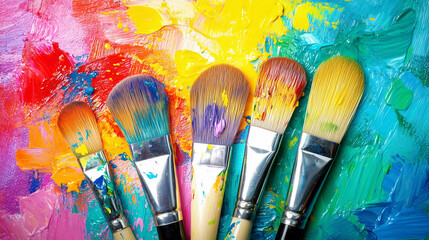 Artist's brushes with colorful paint on a palette showcase creativity and color mixing in the studio