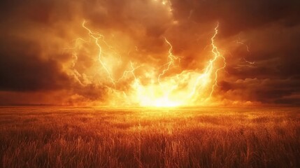 Heat lightning illuminating a calm summer field, no rain, focus on atmospheric glow, warm and eerie, capturing natural phenomena, suitable for stock photography,