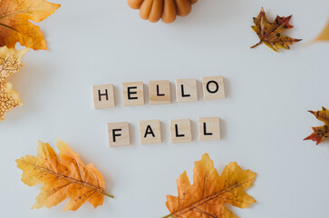 colorful autumn leaves and decorative items display the cheerful message for fall season