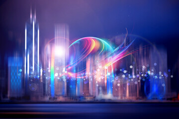 Aufkleber - A vibrant, colorful orb floats above a futuristic city skyline. Glowing lights illuminate the scene, suggesting a dynamic and technologically advanced urban environment.