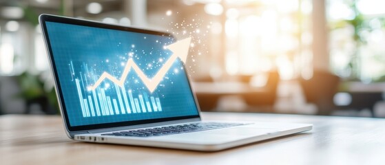 Modern laptop displaying increasing graph trends, symbolizing growth and success in business and technology.