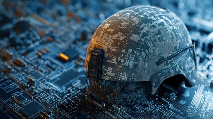 Military helmet on a circuit board, symbolizing technology and defense integration.